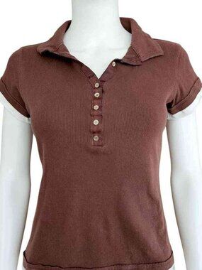 Women Chocolate Brown Ribbed Polo Shirt Half Button Short Sleeve Contrast Trim T